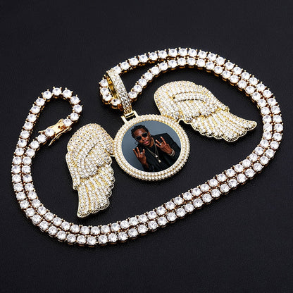 Angel Wings Custom Photo Medallion Necklace Iced Out  Cubic Zirconia Pendant Hip Hop Jewelry