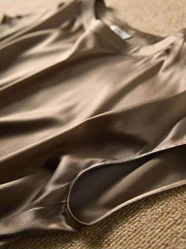 Silk Thin Short Sleeve Tees Style Slip Woman Summer Clothes Brown Tops Solid Loose Casual