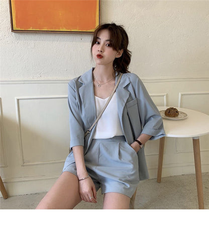 Blazer Set Women Korean Fashion Thin Jackets Casual Loose Shorts Two Piece Suits Female