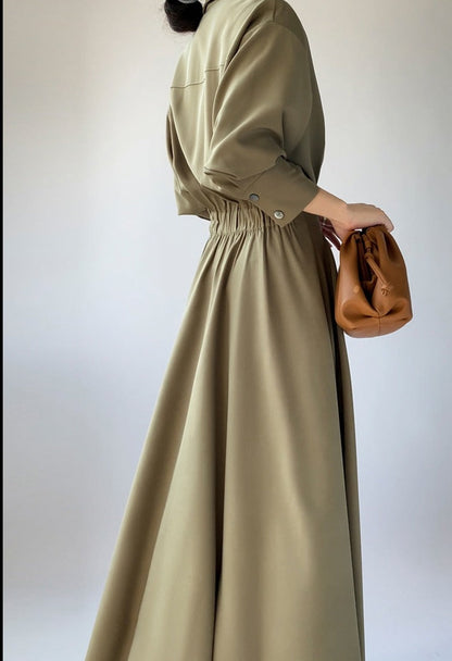 Turn-down Collar Women A-line Dress Long Sleeve Slim Waist Vestidos