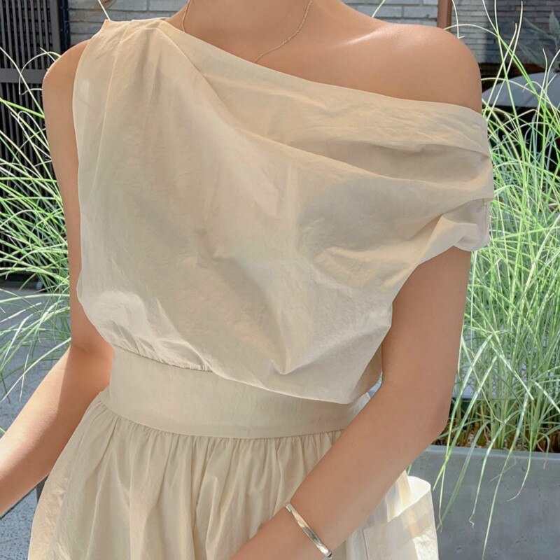 Slash Neck Sleeveless Zipper Long Tank Dress Elastic Folds-Waist A-line Dresses with Big Pockets