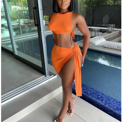 Knitted Ribbed Two Piece Set Bandage Crop Top Bodycon Mini Skirts Beachwear Outfits Summer