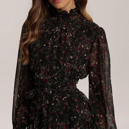 Spring Vintage Perspective Floral Print Dress Women Long Sleeve Chiffon A Line Mini Dress Vestidos