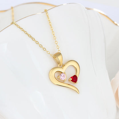 925 Sterling Silver Heart Necklace with 2 Birthstones Custom Engrave Name Pendant