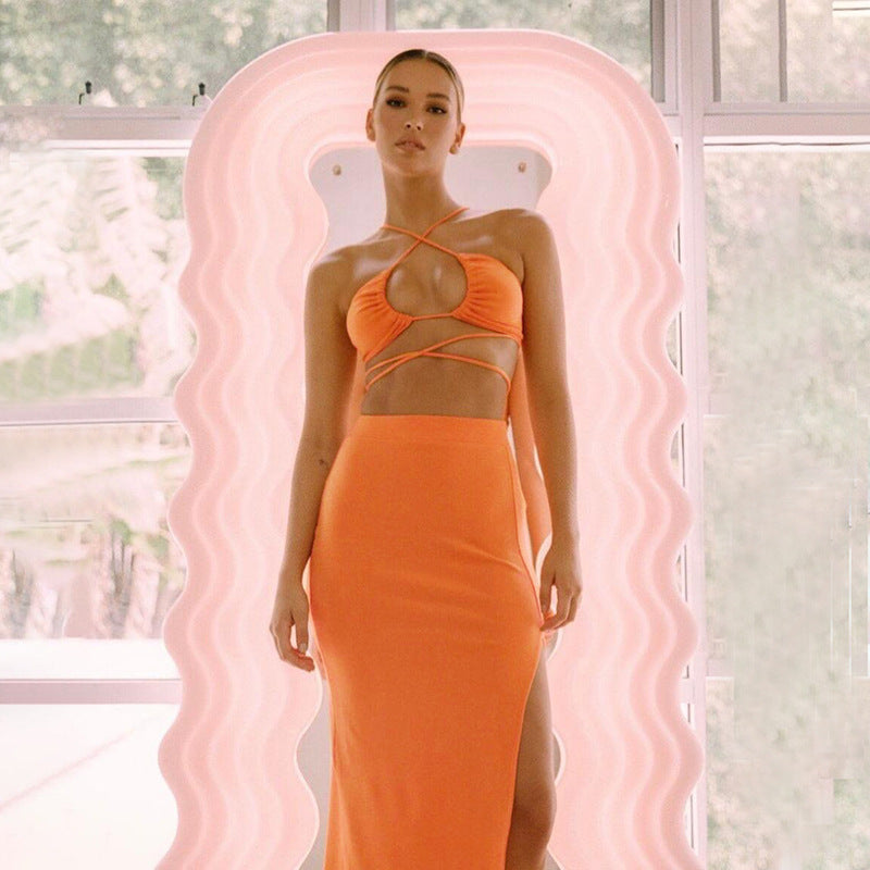 Cryptographic Bandage Cut Out Sexy Halter Neck Top and Skirts Set Gathered Elegant