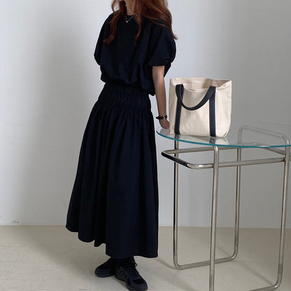 Vintage Sets Women Outfits Puff Sleeve Crop Top and Elastic Waist Pleat Long A-line Skirt