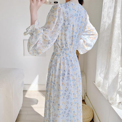 V-neck Chiffon Floral Dress Women Spring Summer Fairy Long Dresses Female