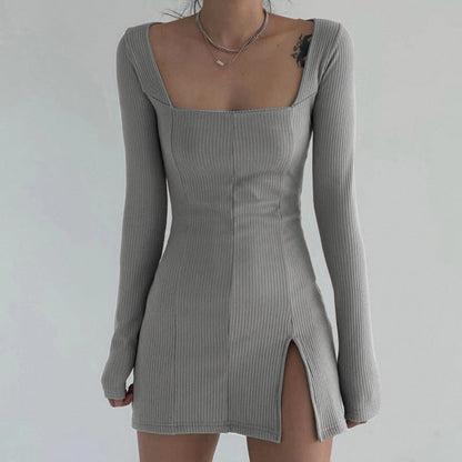 Square Neck Ribbed Black Dress Female Knitted Side Split Bodycon Dress Long Sleeve Mini Dresses