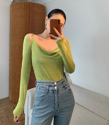 Sexy Swing Collar Cropped Tops Women Autumn  Metal Design Skinny Long Sleeve T-Shirt Outwear