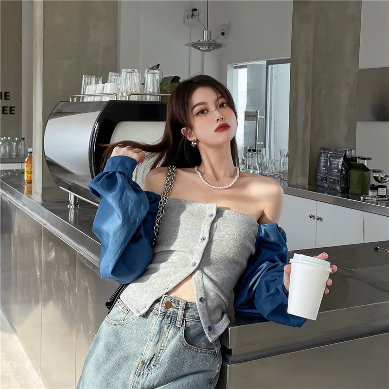 Patchwork Denim Shirts Women French Square Collar Puff Blouses Long Sleeve Crop Tops