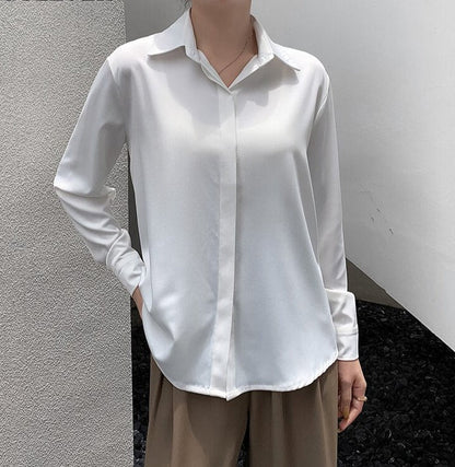 Spring Loose Women Satin Blouses Long Sleeve Single-breasted Female Shirts Top