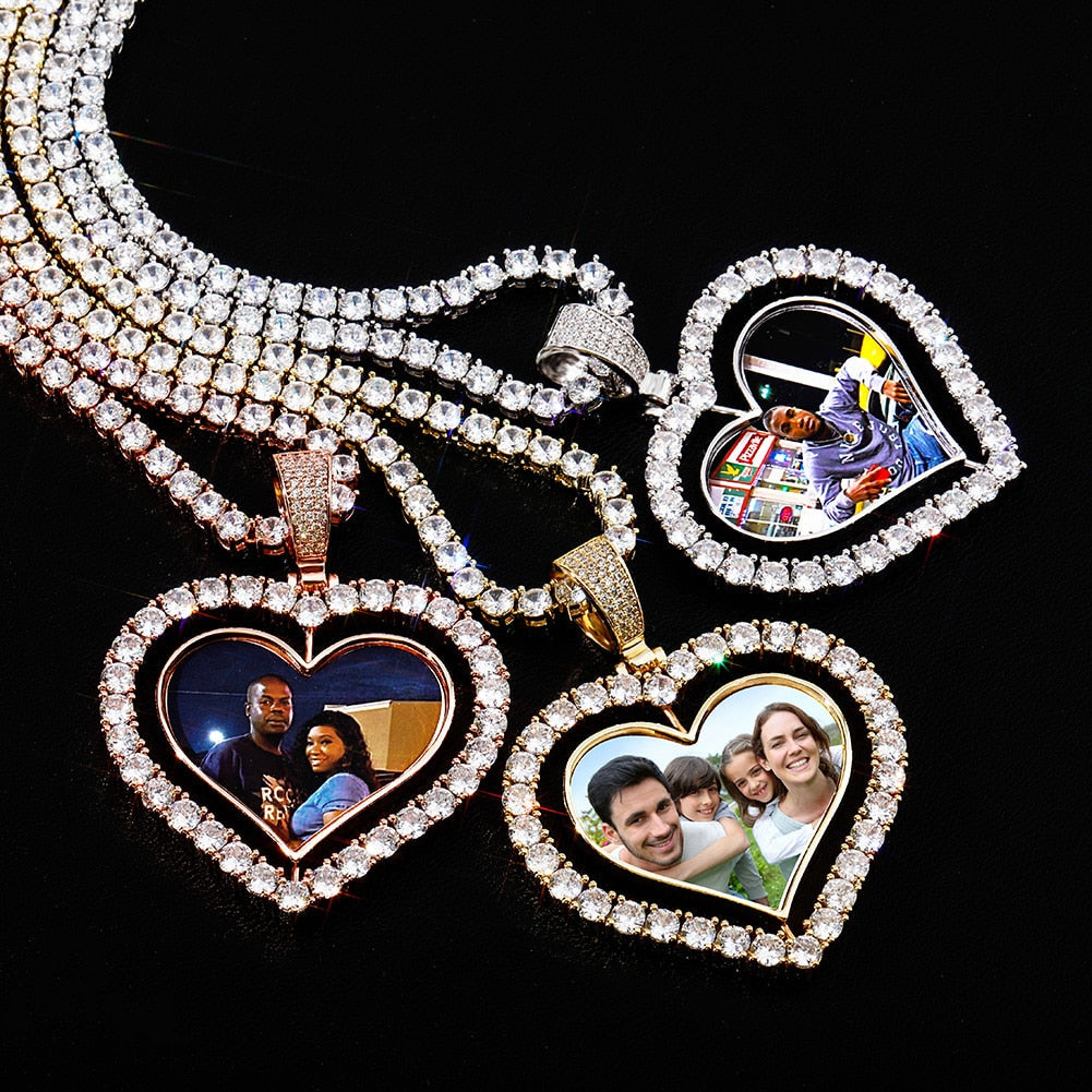 Heart Shaped Custom Photo Spin Double Sided Medallion Pendant Necklace Hip Hop Jewelry