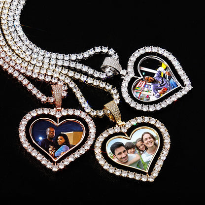 Heart Shaped Custom Photo Spin Double Sided Medallion Pendant Necklace Hip Hop Jewelry