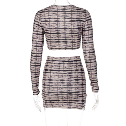 Print Satin Long Sleeve Bandage Crop Top Mini Dress 2 Pieces Set