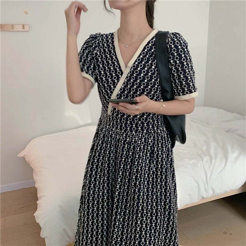 Women Summer V Neck Jacquard Floral Long Dress High Waist Short Sleeve Exquisite Midi Dresses