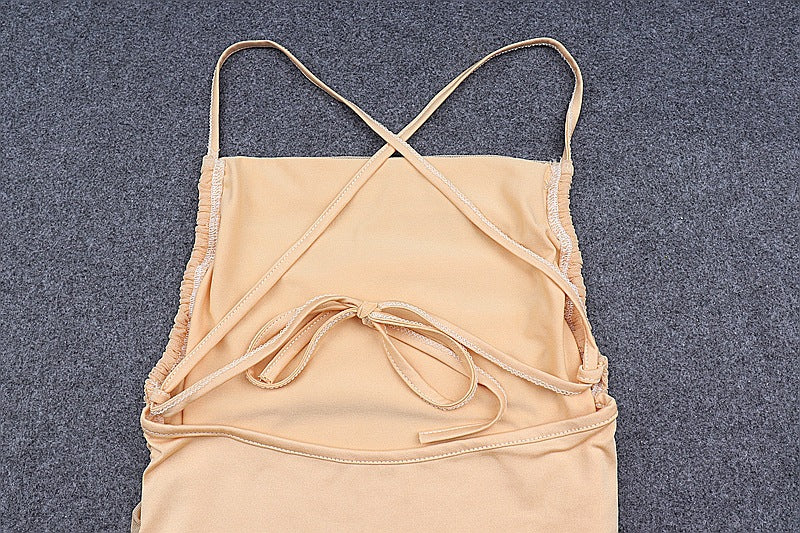 Sleeveless Chic Fashion Mesh Ruched Halter Bodysuit Women Female Tie Up Backless Body Suit