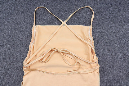 Sleeveless Chic Fashion Mesh Ruched Halter Bodysuit Women Female Tie Up Backless Body Suit