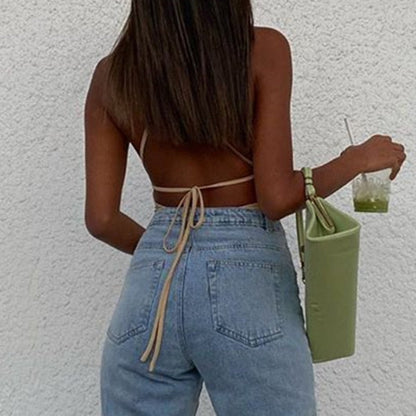Sleeveless Chic Fashion Mesh Ruched Halter Bodysuit Women Female Tie Up Backless Body Suit