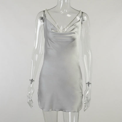 Silk Strap Mini Dresses Backless Solid Color Criss Front Pearl Sexy Summer Sexy Party