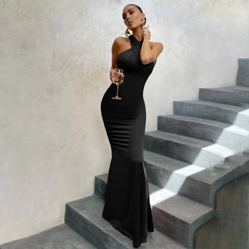 Solid Satin Halter Sleeveless Slim Bodycon Maxi Dress