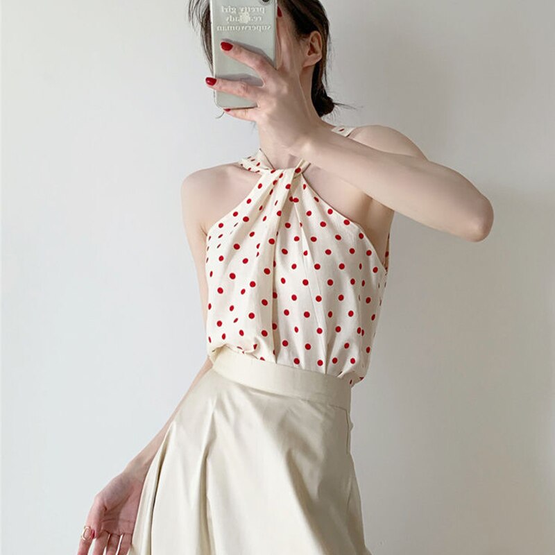 Backless Camis Women Summer Polka Dot Twist Halterneck Vest Female Casual Chiffon Tops