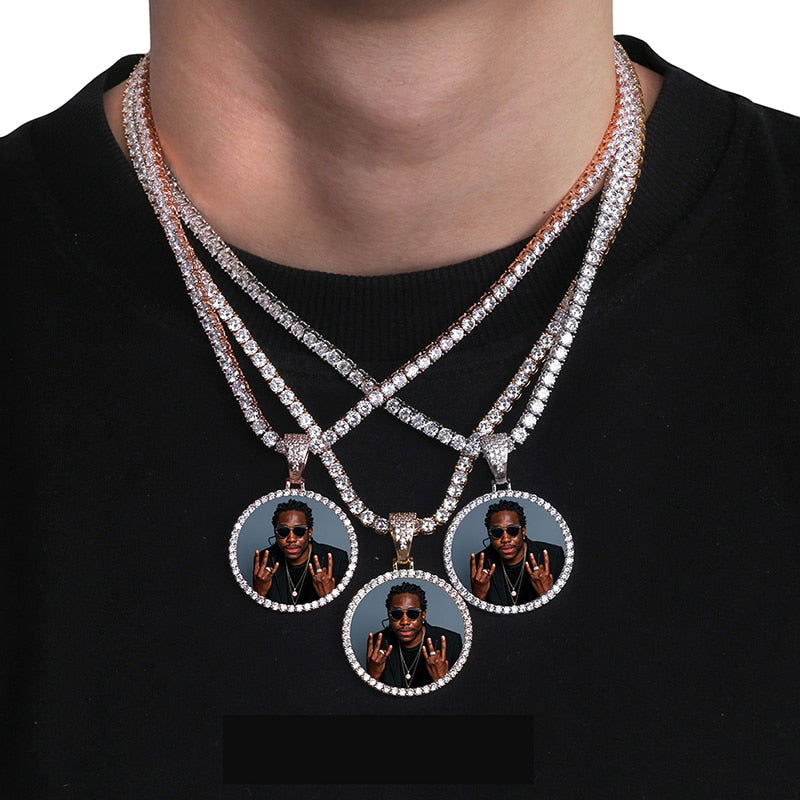 Custom Photo Memory Medallions Necklace With Tennis Chain With Cubic Zircon Chains