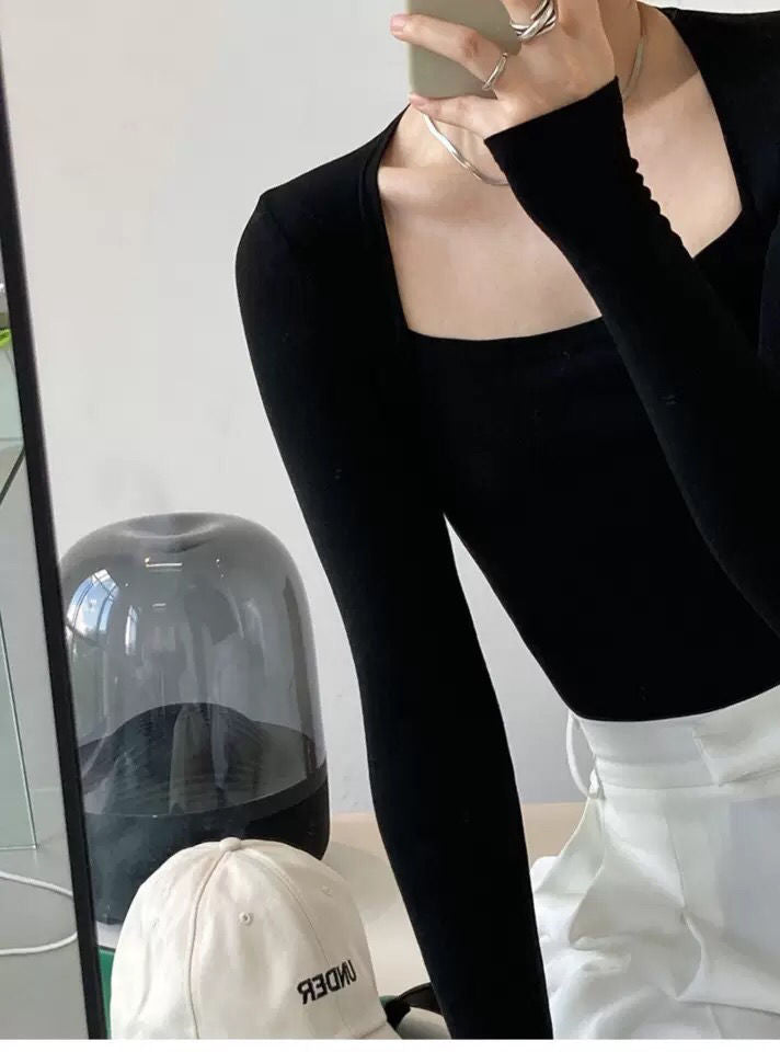 Long Sleeve Tops Women Candy Color Fake Two Piece Skinny T-shirts Female