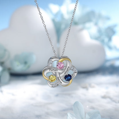 Personalized 3 Names Necklace Birthstone Engraved Flower Pendants