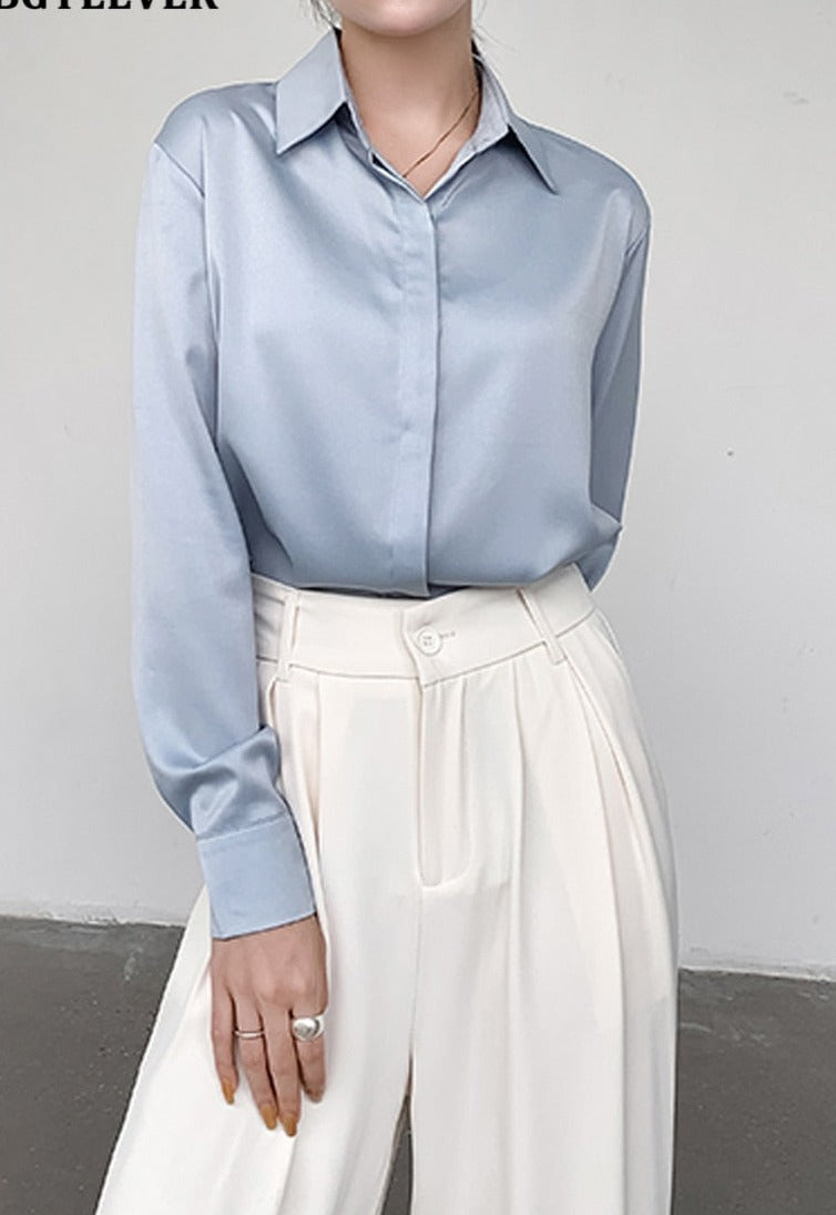 Spring Loose Women Satin Blouses Long Sleeve Single-breasted Female Shirts Top