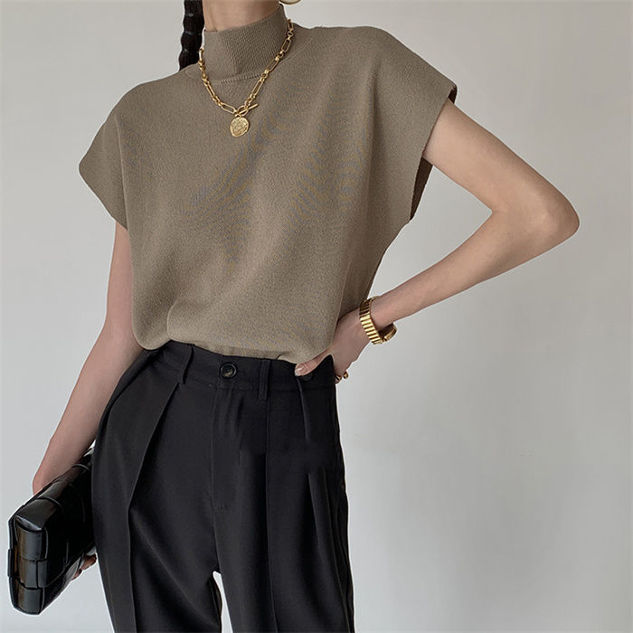 French Turtleneck Knitted Women Spring Summer Design Loose Short Sleeve Cropped Tops Female