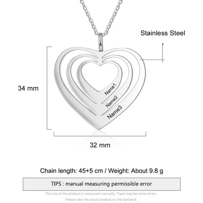 Customized 3 Hearts Pendant Personalized Engraving Name Necklaces