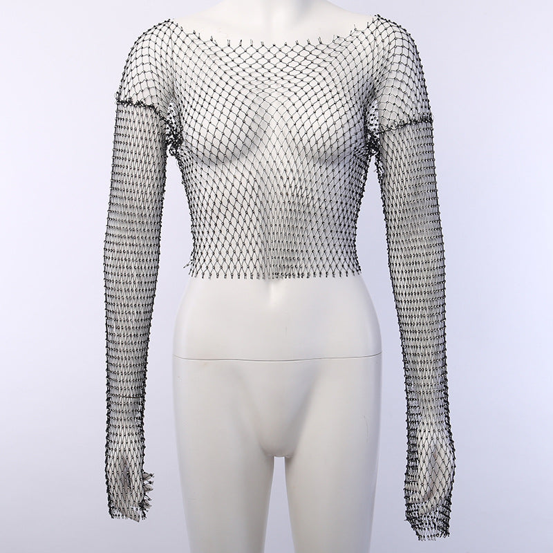 Crystal Diamond See Through Crop Tops Women Hollow Out Beachwear Tops Shiny Sexy Party Top