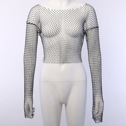 Crystal Diamond See Through Crop Tops Women Hollow Out Beachwear Tops Shiny Sexy Party Top