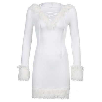 Furry White Bodycon Mini Dresses Women Autumn Long Sleeve Hooded V Neck Dress