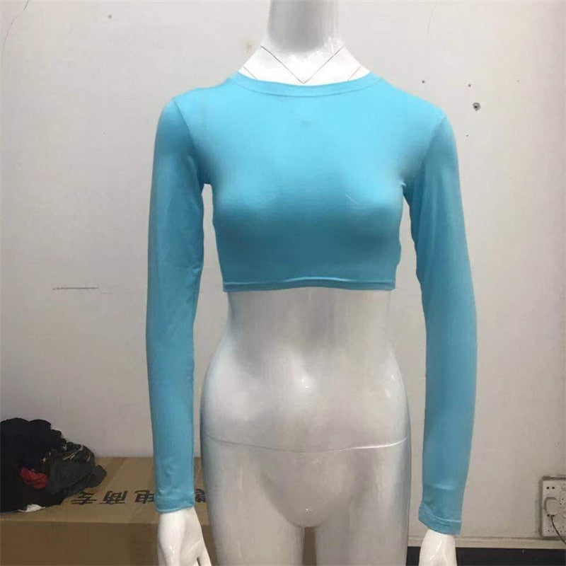 Women Sexy Bodycon T Shirt Long Sleeve O-neck Crop Top Modis Sheath T Shirt