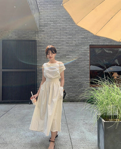 Slash Neck Sleeveless Zipper Long Tank Dress Elastic Folds-Waist A-line Dresses with Big Pockets