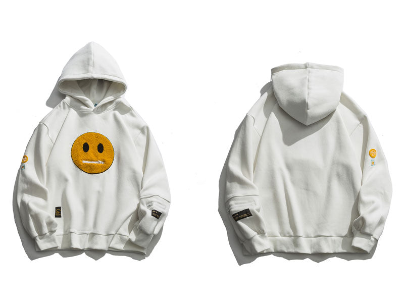 Zipper Pocket Smile Face Patchwork Fleece Hoodies Sweatshirts Streetwear