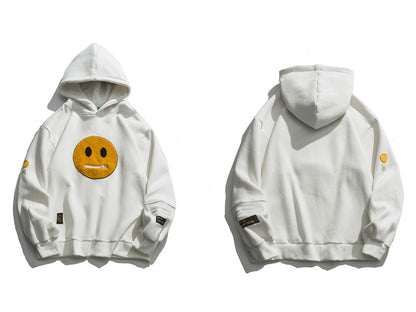 Zipper Pocket Smile Face Patchwork Fleece Hoodies Sweatshirts Streetwear