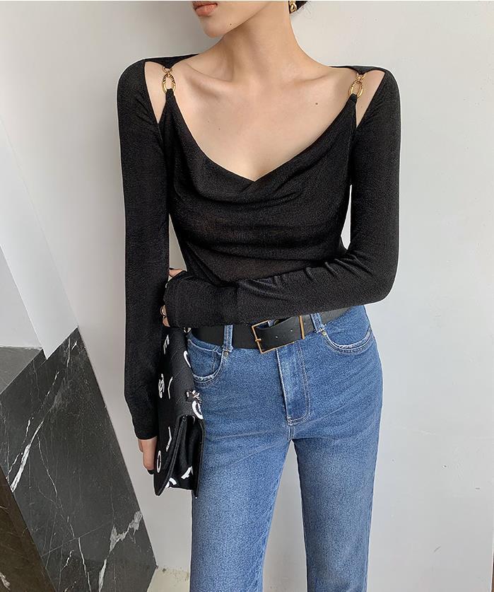 Sexy Swing Collar Cropped Tops Women Autumn  Metal Design Skinny Long Sleeve T-Shirt Outwear