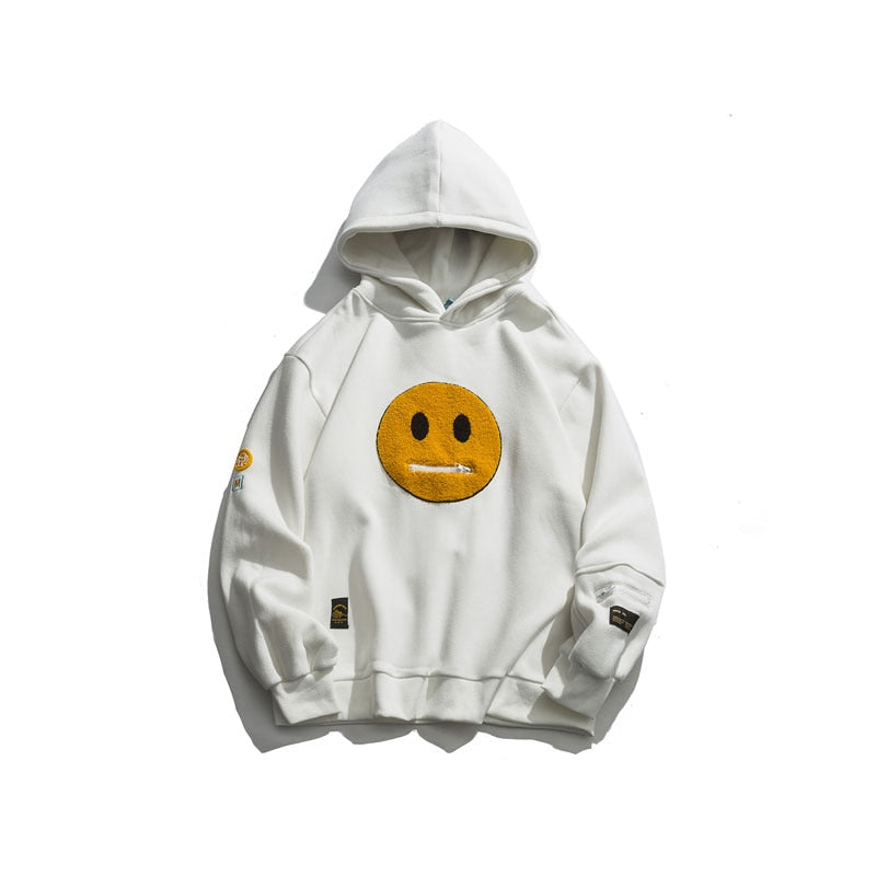 Zipper Pocket Smile Face Patchwork Fleece Hoodies Sweatshirts Streetwear