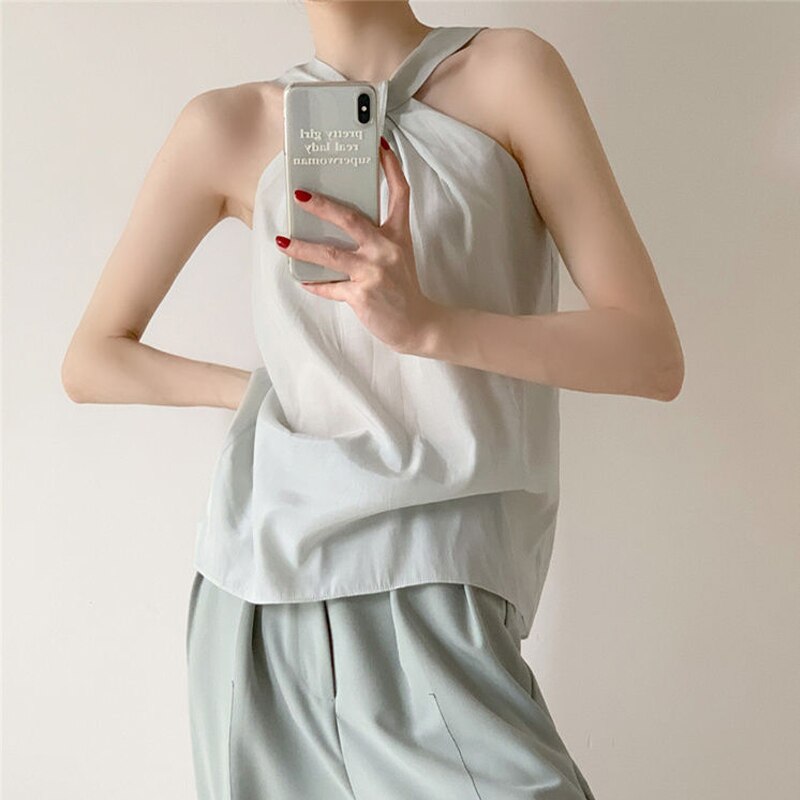 Backless Camis Women Summer Polka Dot Twist Halterneck Vest Female Casual Chiffon Tops