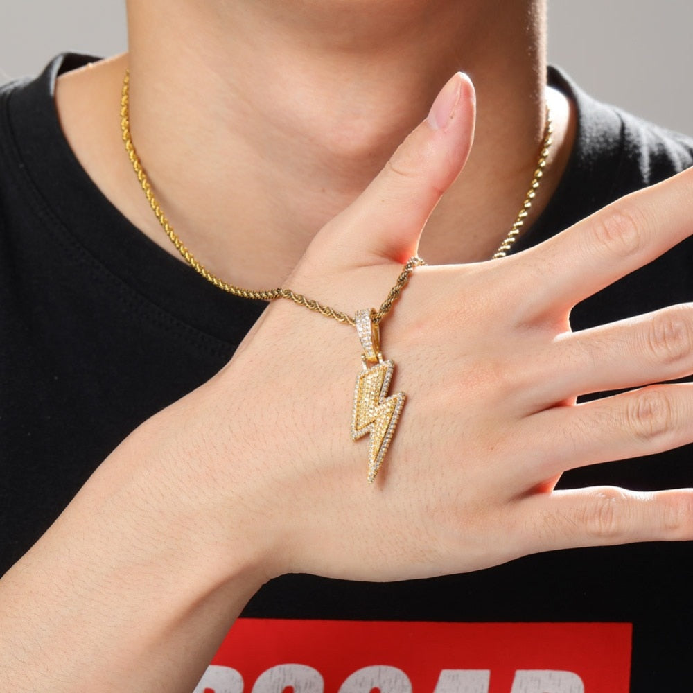 Iced Out Bling Lightning Pendants With Tennis Chain Copper Material Men&