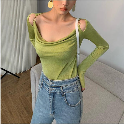 Sexy Swing Collar Cropped Tops Women Autumn  Metal Design Skinny Long Sleeve T-Shirt Outwear