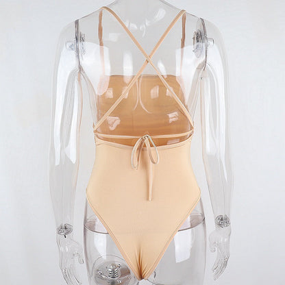 Sleeveless Chic Fashion Mesh Ruched Halter Bodysuit Women Female Tie Up Backless Body Suit