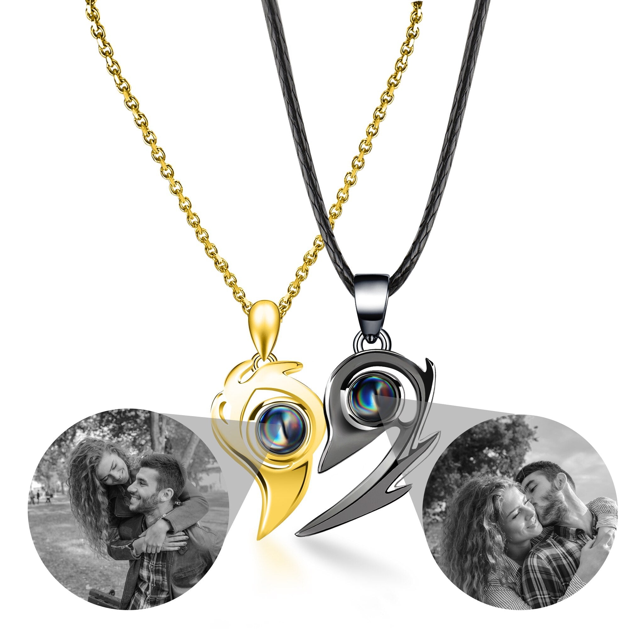 Flame Heart Shaped Custom Photo Projection Couples Necklaces