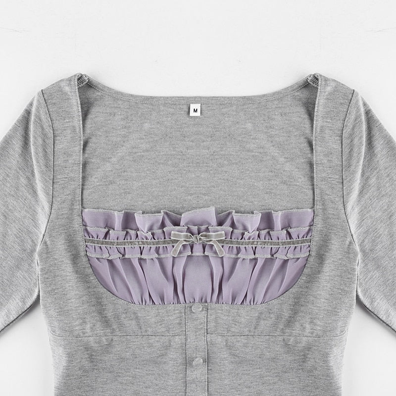 Sweet Cute Crop Top Lace Frill Bow Pullovers Vintage Square Collar T Shirt