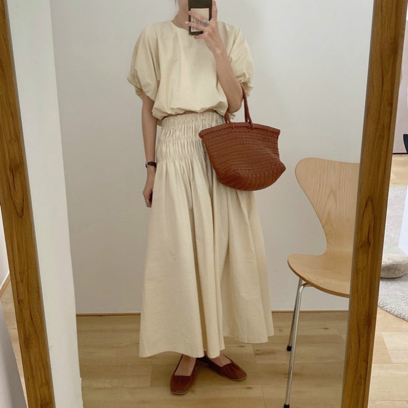 Vintage Sets Women Outfits Puff Sleeve Crop Top and Elastic Waist Pleat Long A-line Skirt