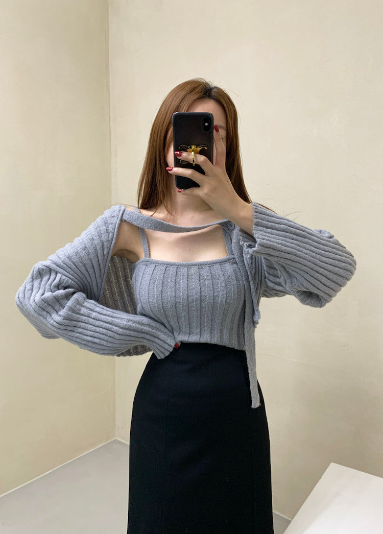 Camisole Knitted Cardigans Women Two Piece Sets 2021 Autumn Sweater Jacket Woman