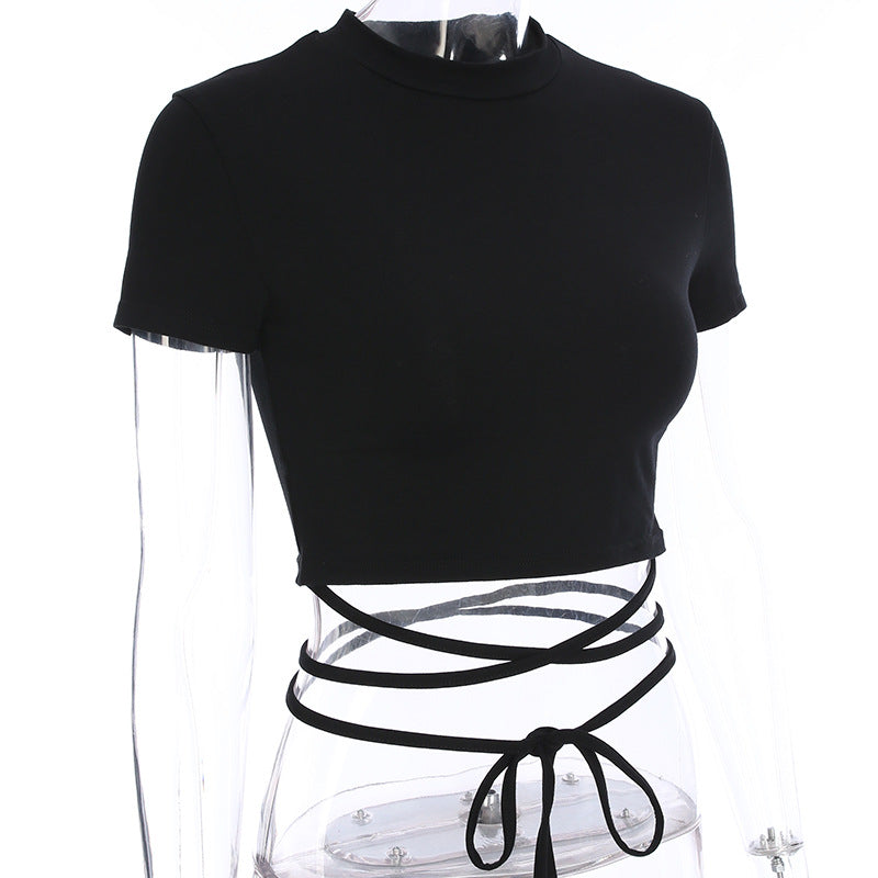 Summer Women Black Short T-Shirts Sexy Crop Tops Short Sleeve Bandage Tee Tops Female Shirts