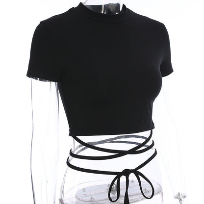Summer Women Black Short T-Shirts Sexy Crop Tops Short Sleeve Bandage Tee Tops Female Shirts
